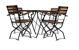 Bier tuinmeubelen met armleuning van opzij gezien.